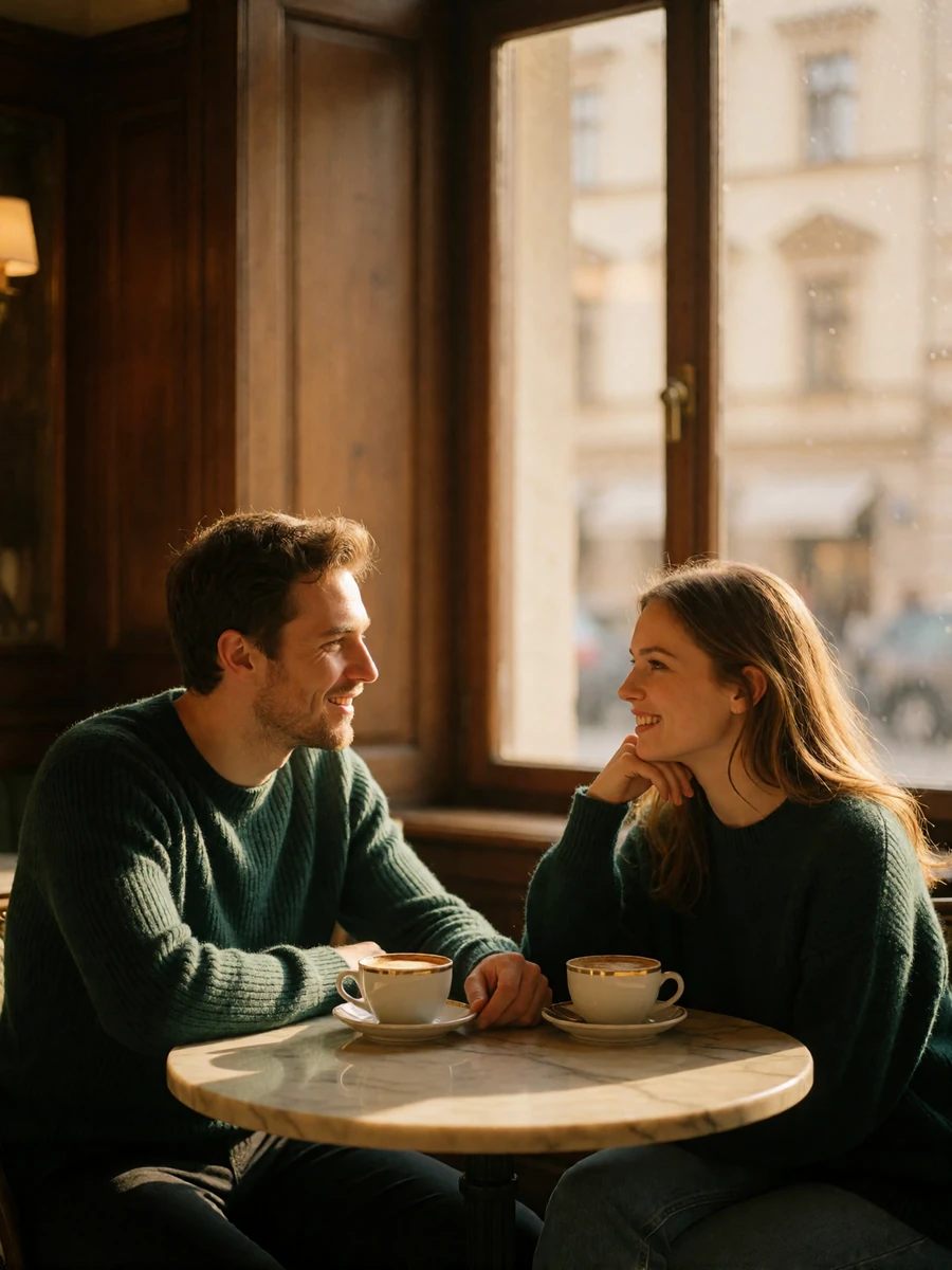 Couple seated across a small marble cafe table near a tall window in Austria, sharing coffee and smiling at each other