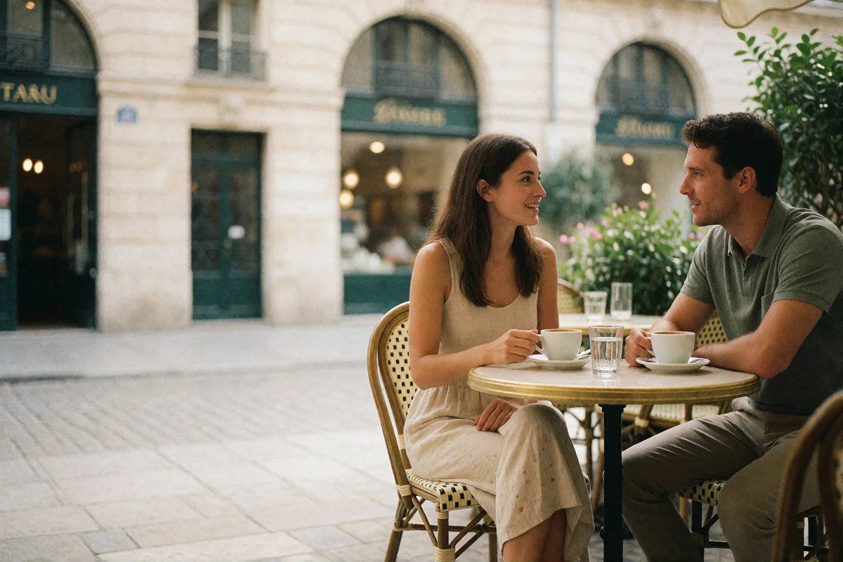 Woman and man in their thirties seated across a small round table at a bright daytime European cafe terrace, mid-conversation