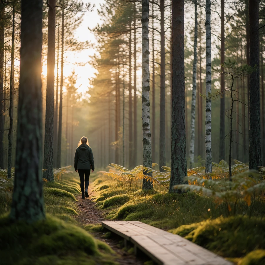 Woman in a dark green jacket walking a moss-lined forest path through Estonian pine and birch woodland