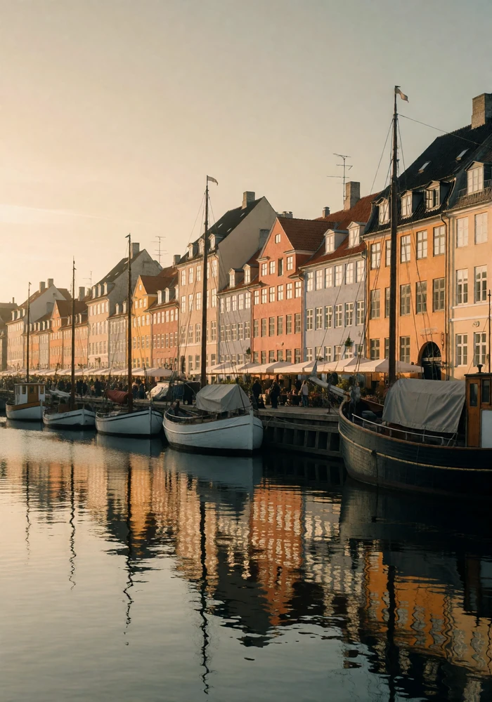 Copenhagen canal lined with narrow pastel townhouses and moored wooden boats