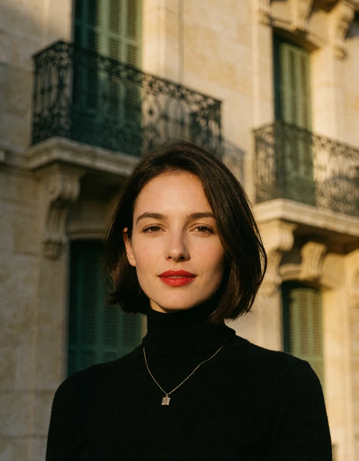 French woman in her early thirties with a chin-length dark brunette bob wearing a black turtleneck
