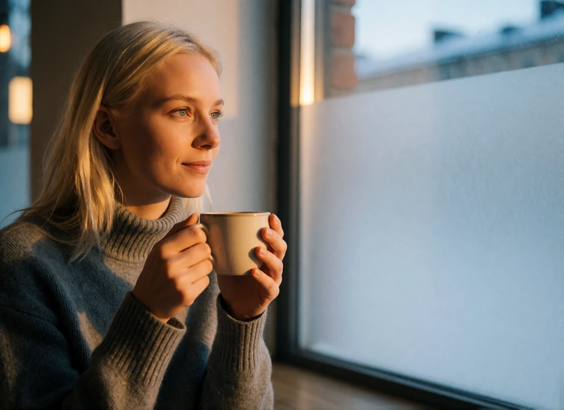 Finnish woman in a grey wool sweater sitting thoughtfully by a window in a minimal Helsinki cafe