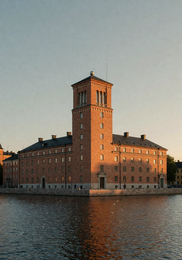 Tall red-brick Swedish waterfront civic building with a square tower above calm dark water