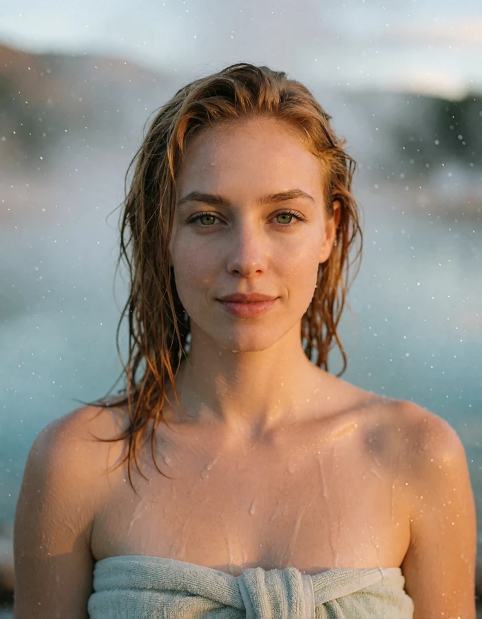 Icelandic woman in her late twenties with damp light-copper hair near drifting geothermal steam
