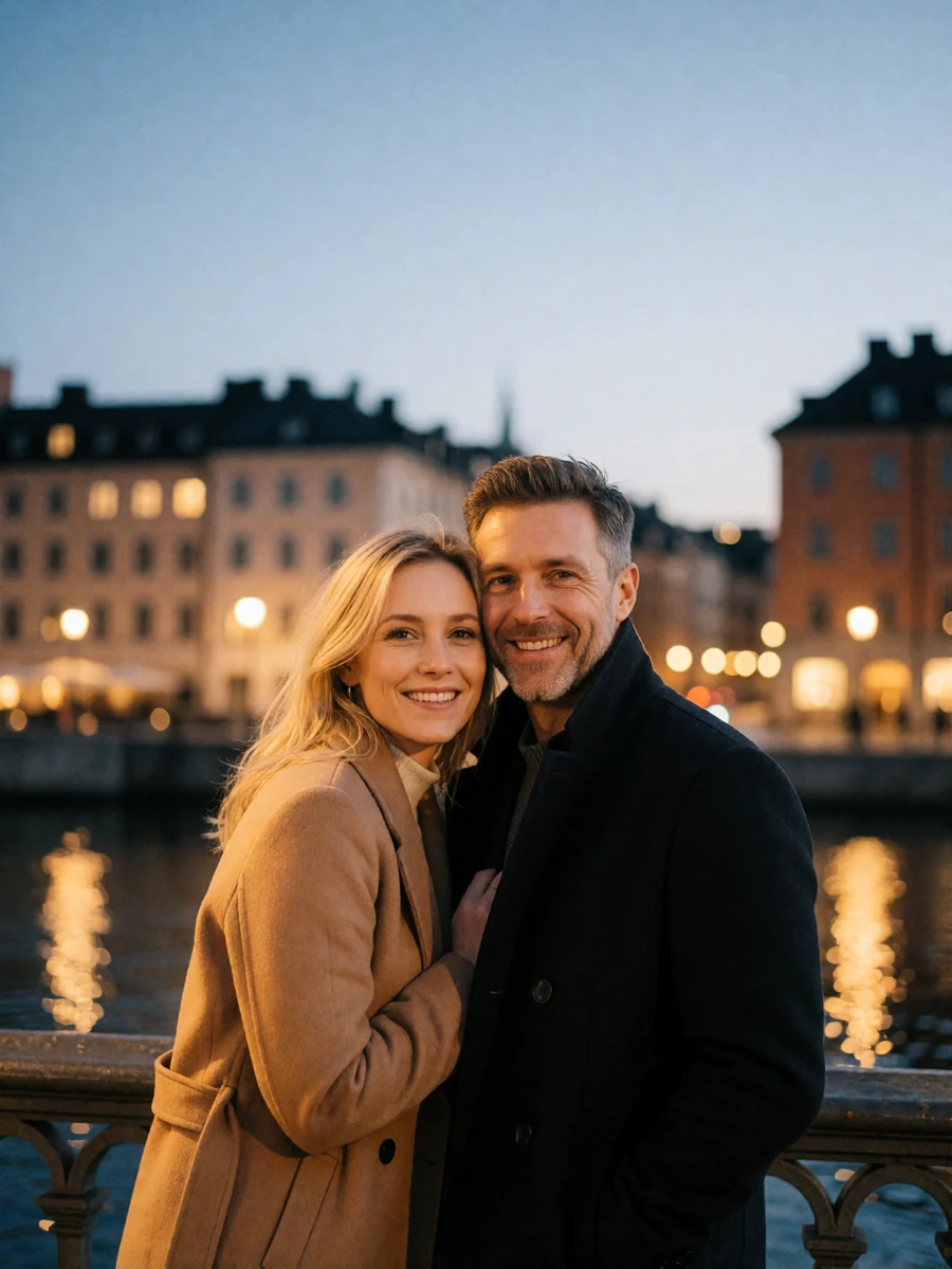 Couple in their late thirties standing close together on a Stockholm bridge at dusk with warm-lit waterfront facades behind them