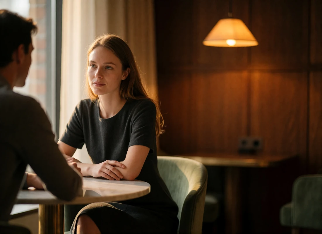 Woman and man in relaxed conversation at a small marble table in a warm Oslo hotel lounge