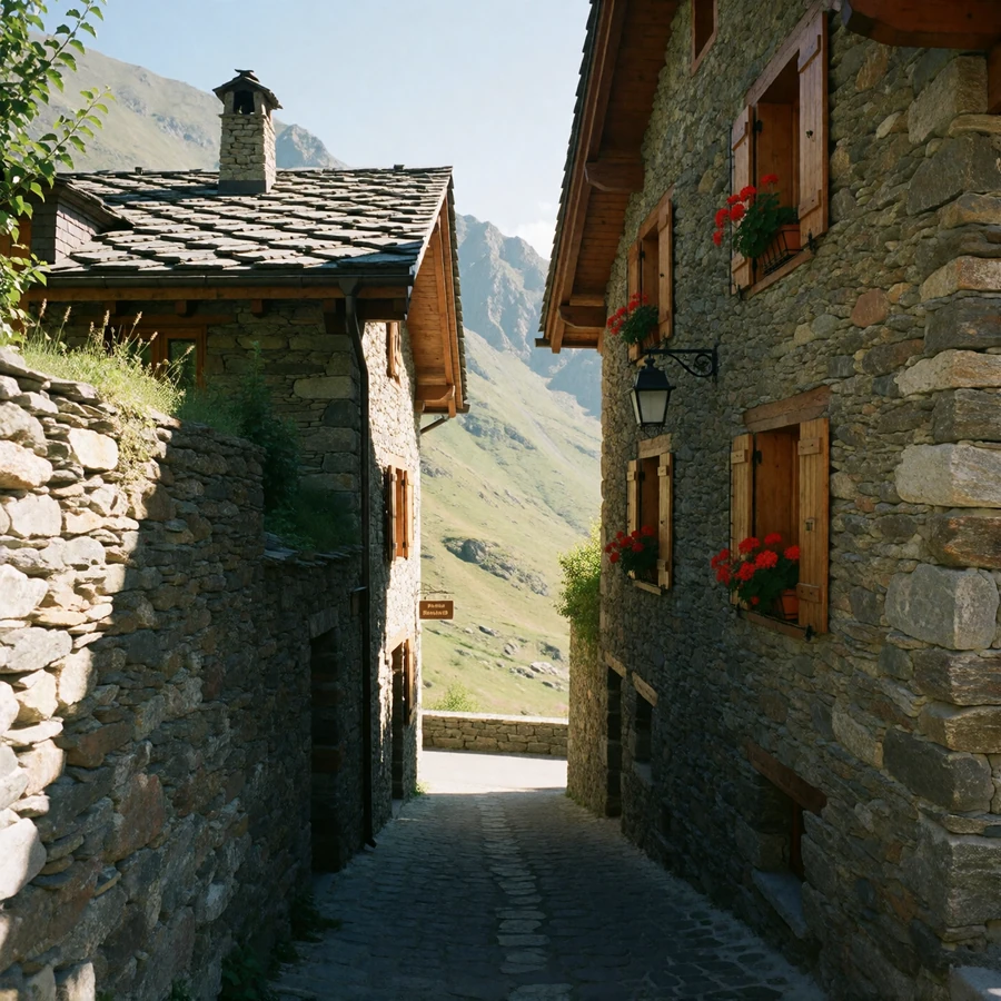 Narrow stone lane in a Pyrenean village in Andorra with granite walls and red geraniums