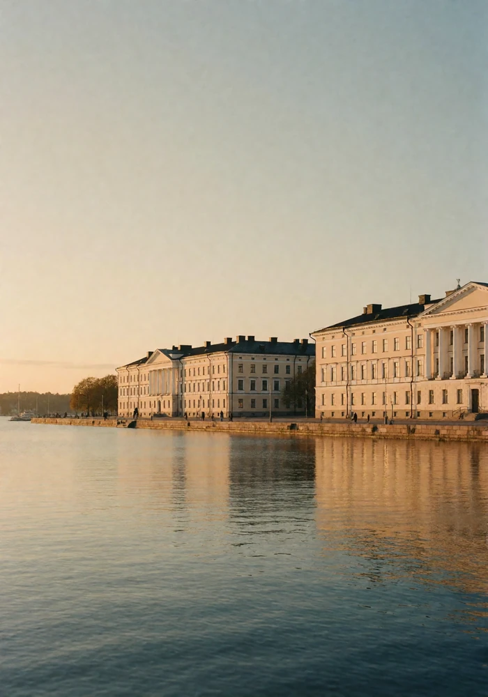 Pale classical facades along a quiet Helsinki quay beside still Baltic water