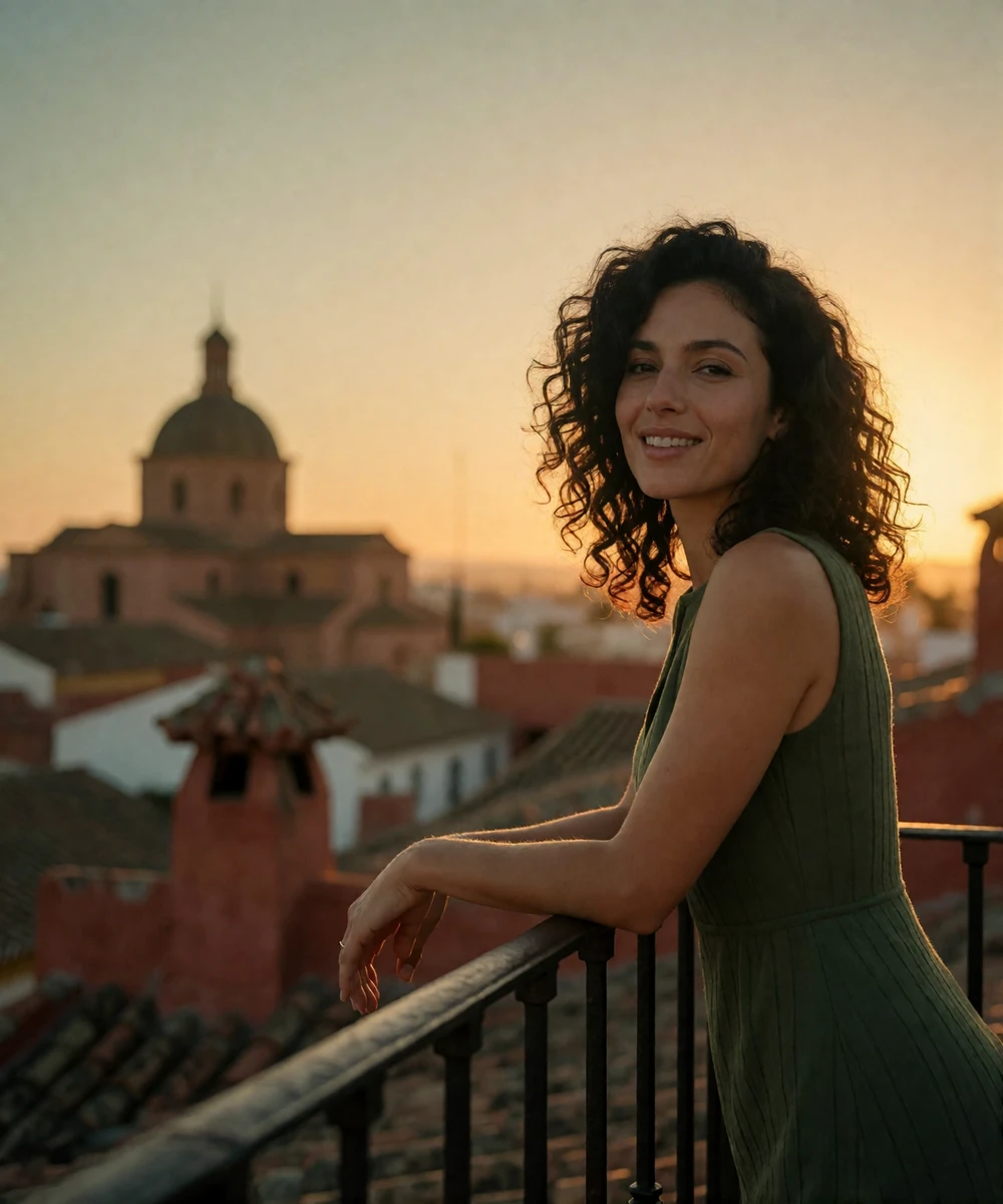 Woman leaning against a rooftop railing at sunset overlooking terracotta roofs in Spain