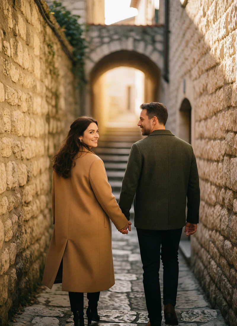 Couple in their late thirties walking hand in hand up a narrow limestone lane in San Marino
