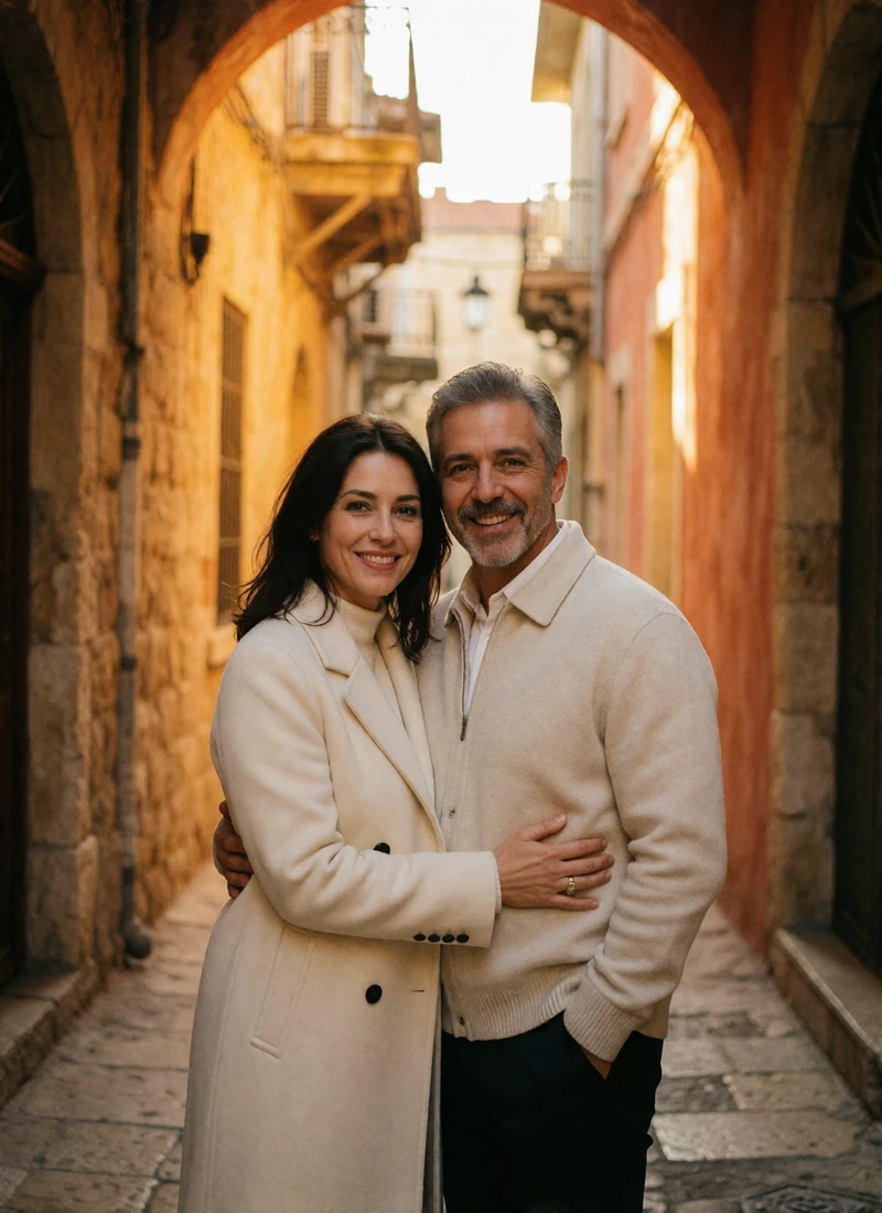 Couple standing together smiling in a narrow ochre-walled lane in old Nicosia at golden hour
