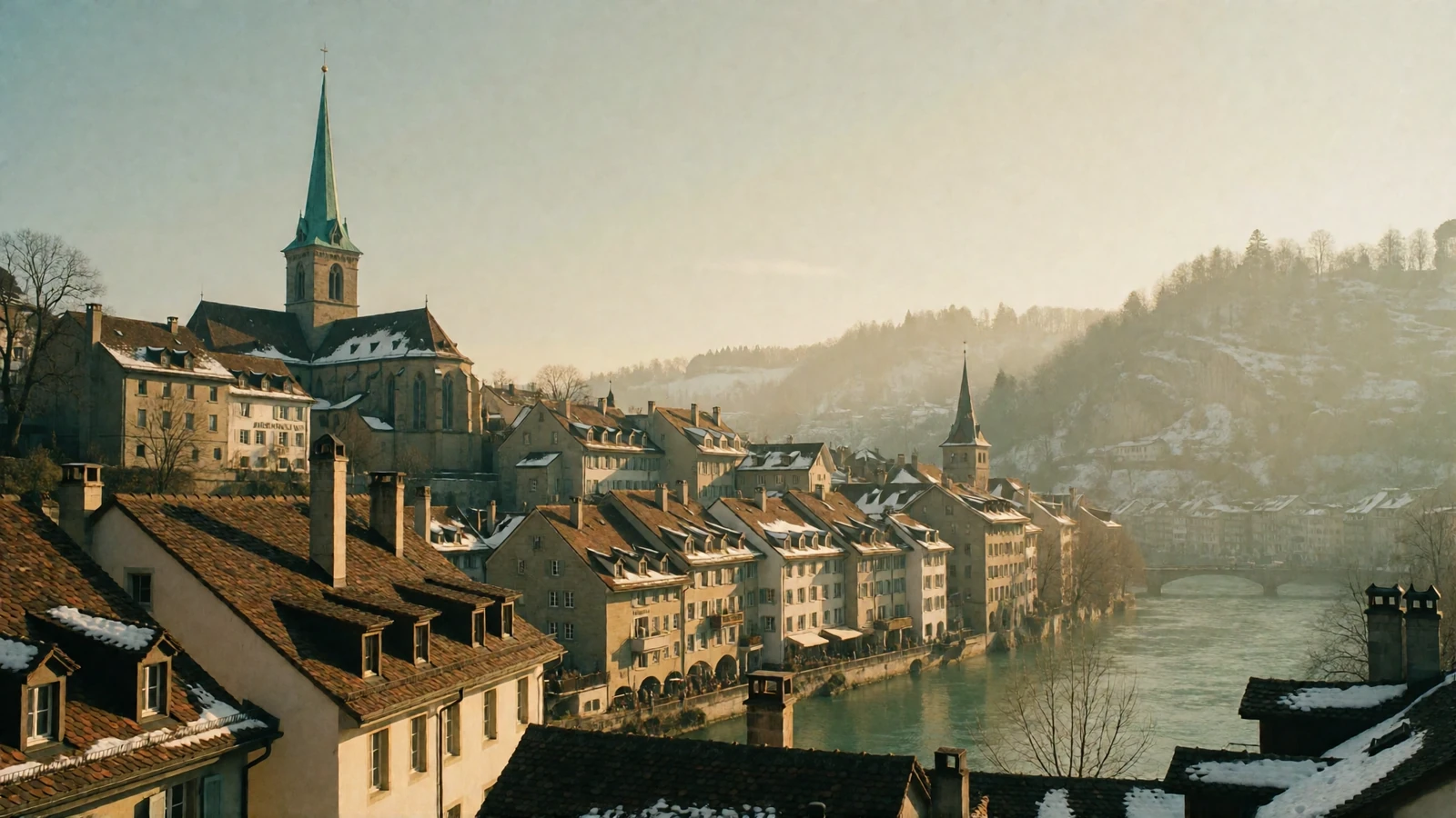 Elevated golden-hour view of Bern's old town rooftops and cathedral spire along the Aare river with snow-touched Alps in the distance