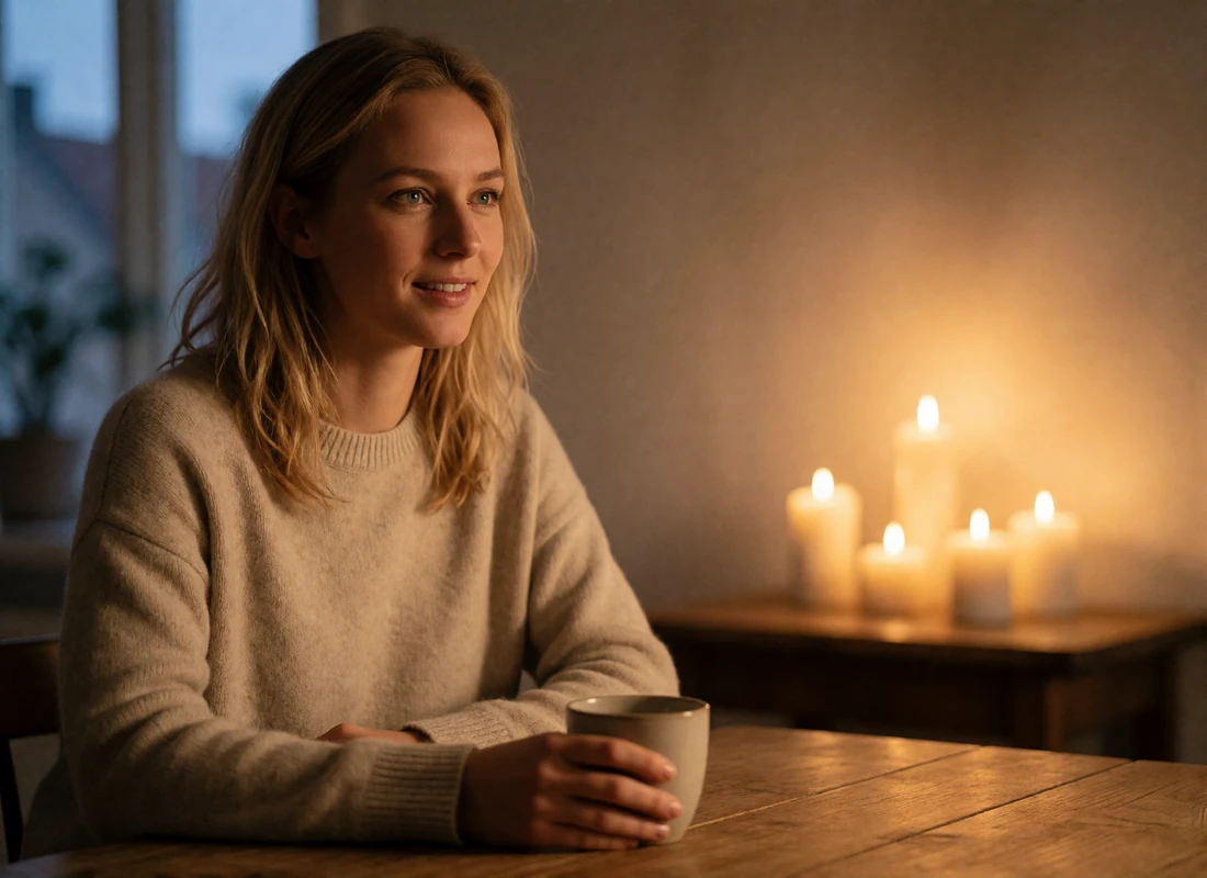 Danish woman in an oatmeal sweater smiling at a candlelit table in a cozy Copenhagen apartment