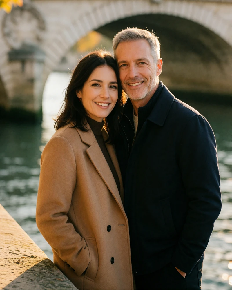 Couple in their late thirties standing close together on a Seine embankment with a stone bridge behind them
