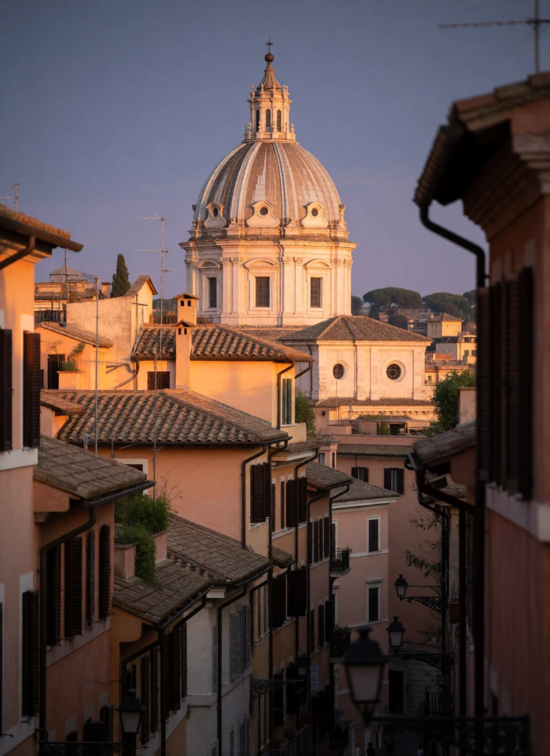 Rooftops of Rome at dusk with terracotta tiles and a softly lit dome rising above narrow streets