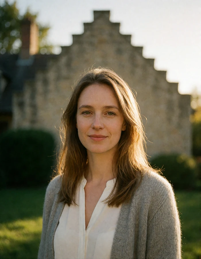 Belgian woman in her early thirties with light-brown hair and a grey cardigan in front of a stepped-gable facade