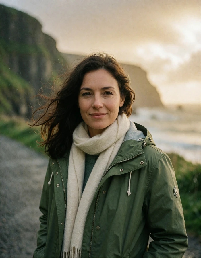 Irish woman in her mid thirties in a moss-green rain jacket on a coastal path in Galway with sea and cliffs behind her