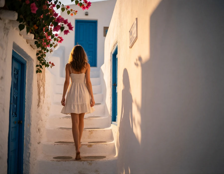 Woman in a summer dress walking up a whitewashed island stairway with blue doors at golden hour
