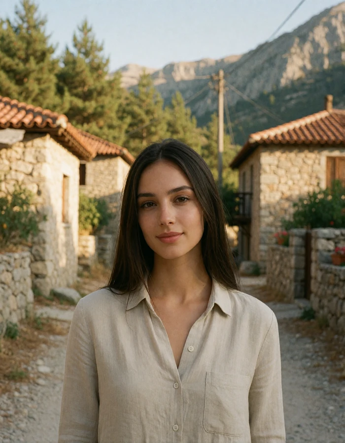 Cypriot woman in her late twenties standing in a mountain village lane in the Troodos foothills