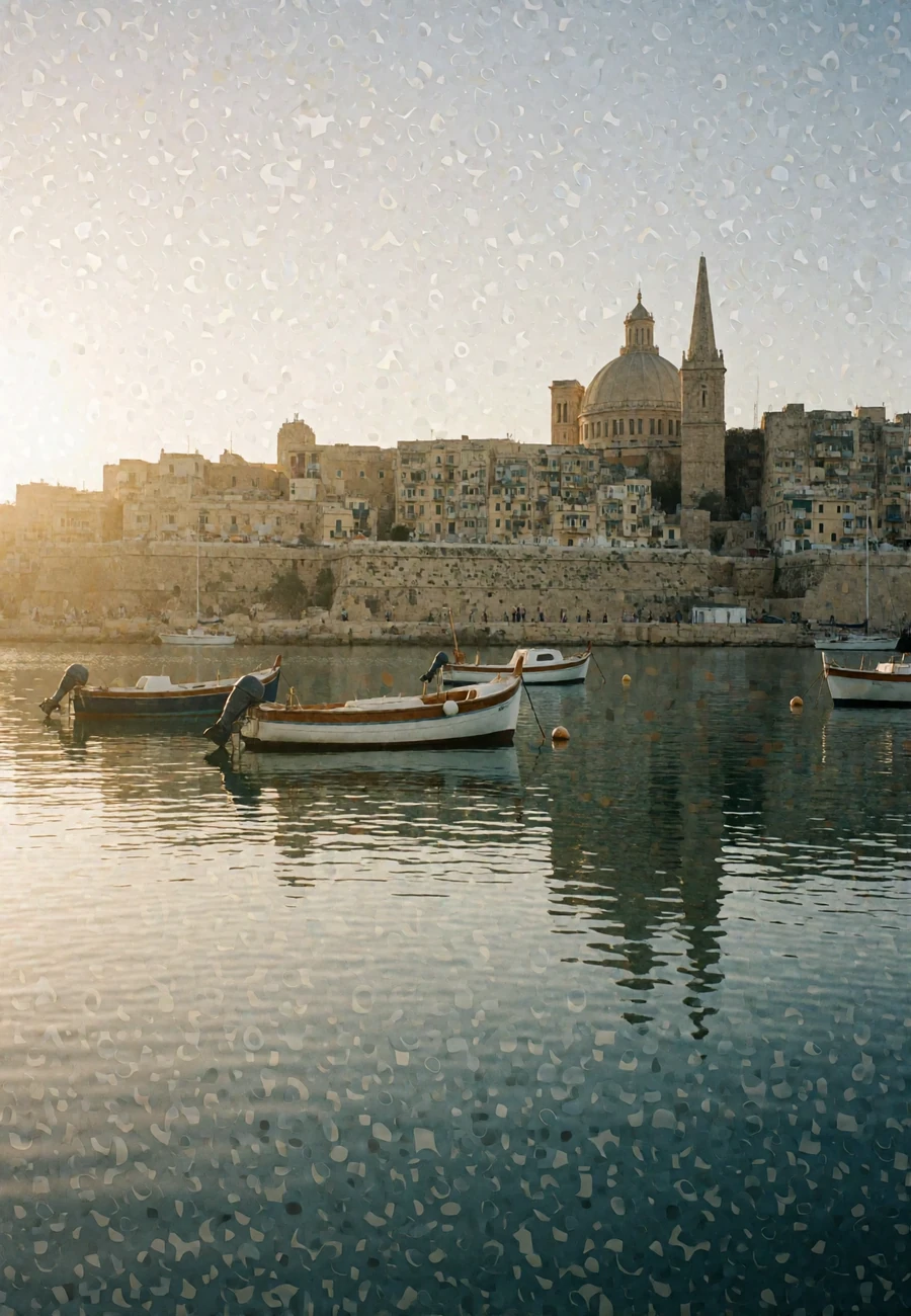 Honey-limestone bastions of Valletta rising above a calm harbor with traditional boats at golden hour