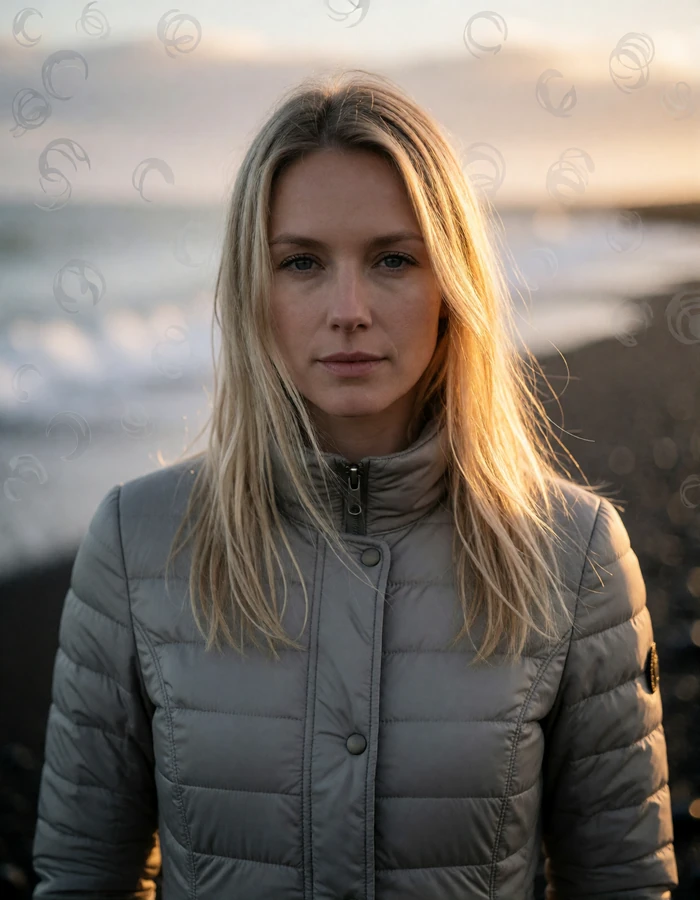 Icelandic woman in her mid-thirties with straight light-blonde hair and a grey coat near a black sand shoreline
