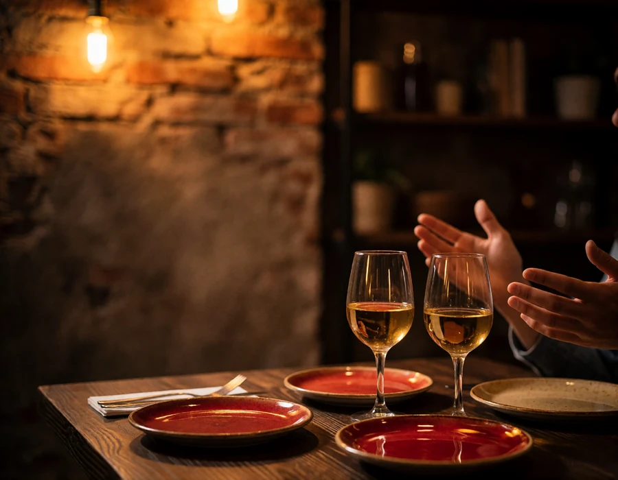 Late-evening dinner table in a Madrid restaurant with small sharing plates and glasses of wine under warm bulb lighting