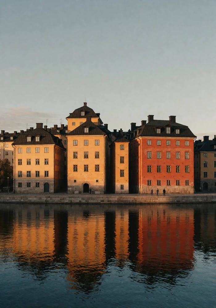 Stockholm's Gamla Stan waterfront with ochre and rust-red facades reflected in calm water
