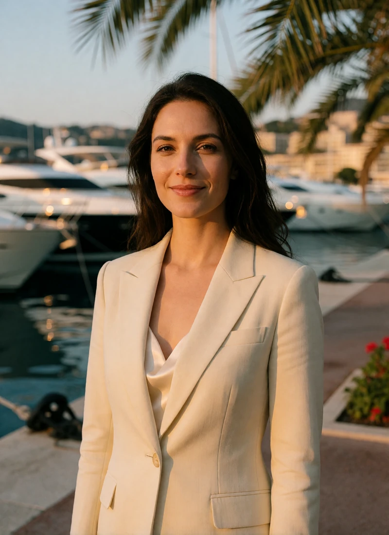 Woman in her early thirties with dark hair in a cream blazer smiling on the Monaco harbor promenade