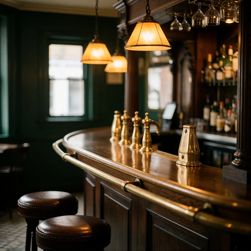 Warm timber and brass interior of a traditional London pub with amber pendant lamps at early evening