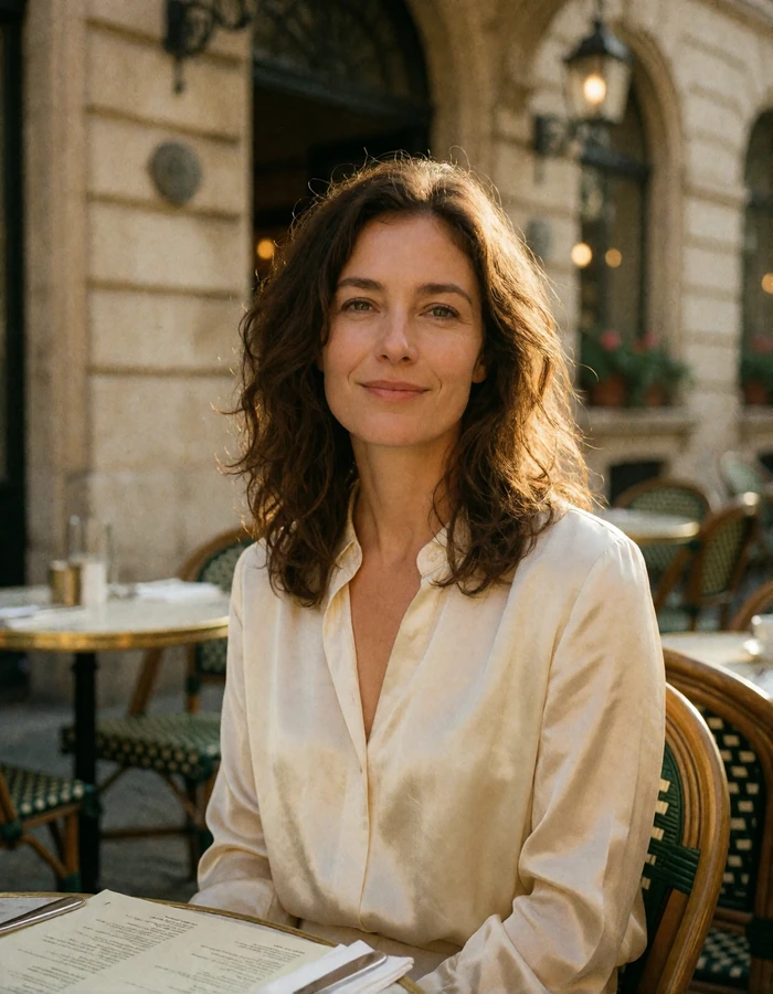Warm-featured San Marinese woman in her late thirties with wavy brown hair seated at an outdoor cafe table