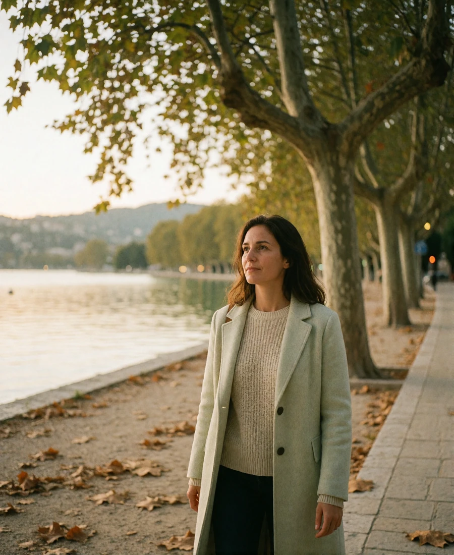 Woman in her thirties walking along a European lakeside promenade in a knit sweater, glancing off-camera with a candid expression