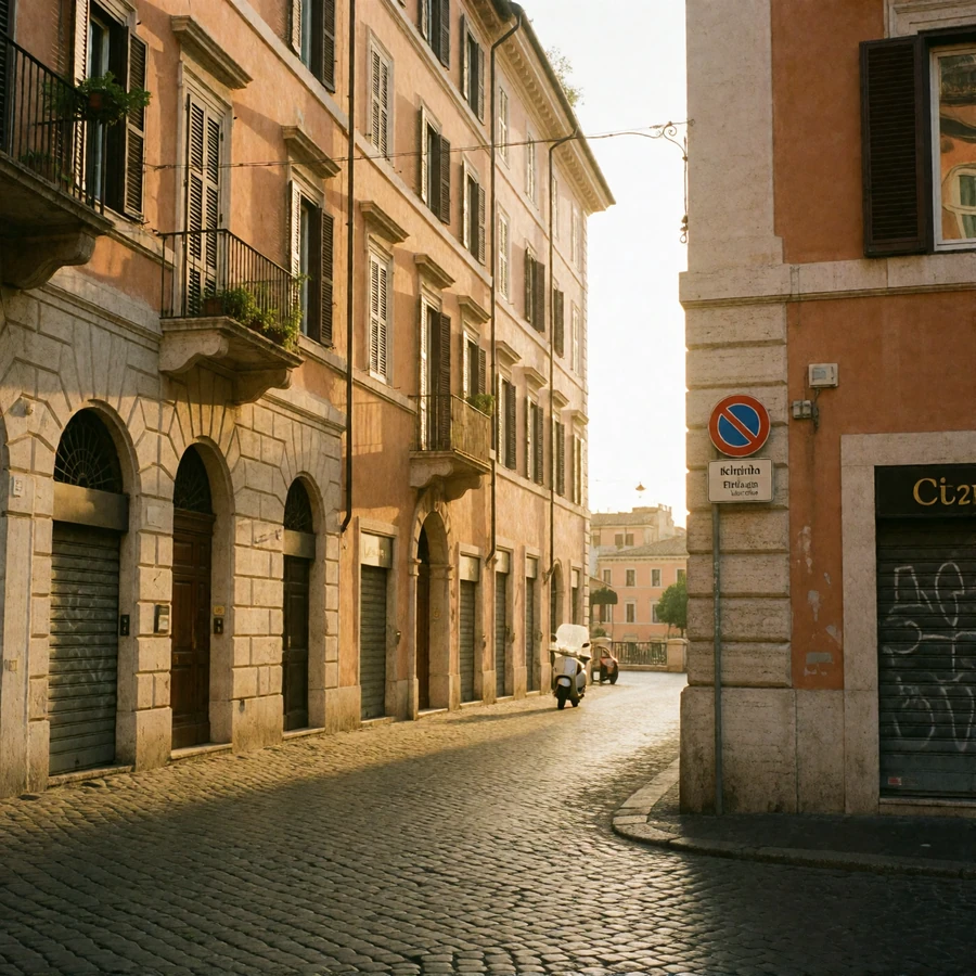 Quiet ochre-toned cobbled street in the Borgo district of Rome near Vatican City at late afternoon
