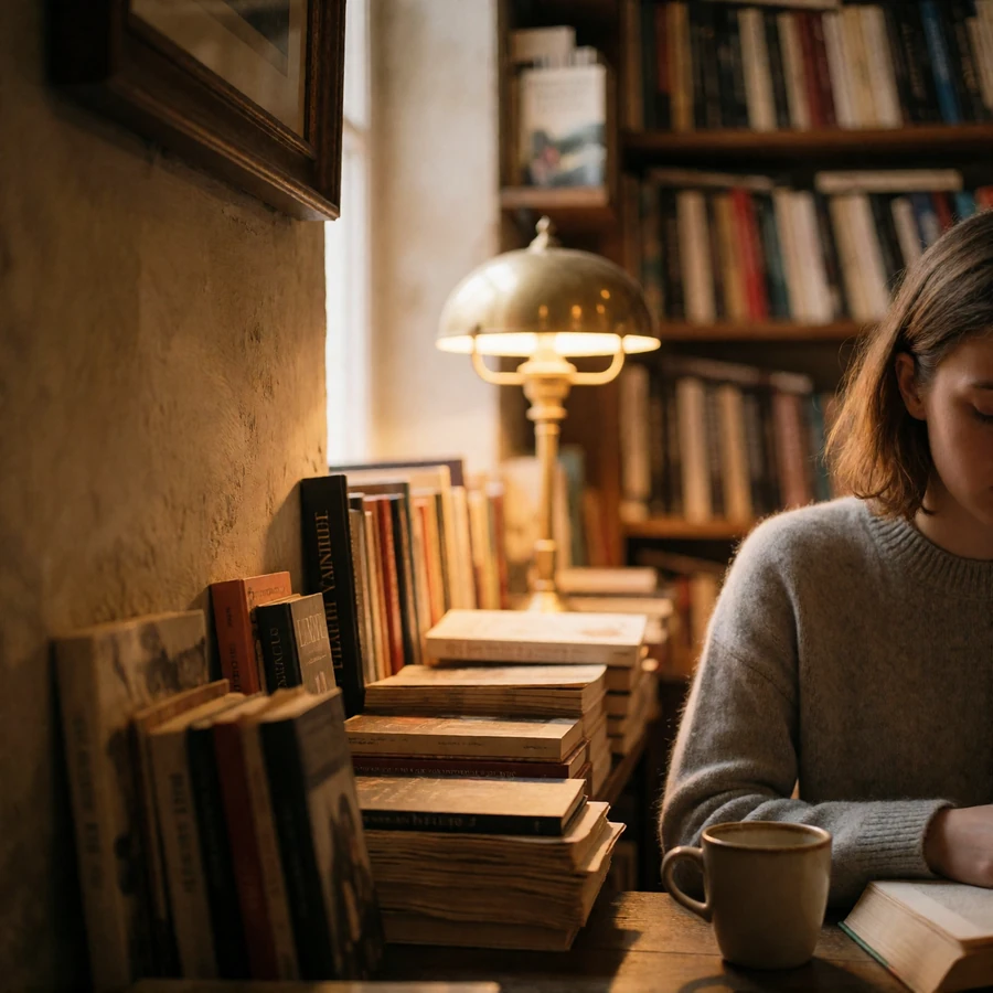 Quiet corner of a Vilnius bookstore cafe with warm lamplight and blurred bookshelves in the background