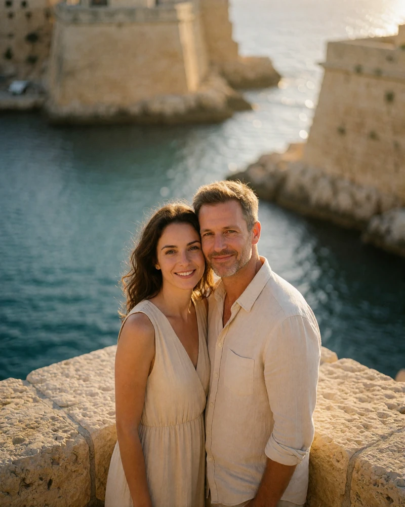 Couple in their late thirties standing at a stone parapet above Malta's Grand Harbour at golden hour